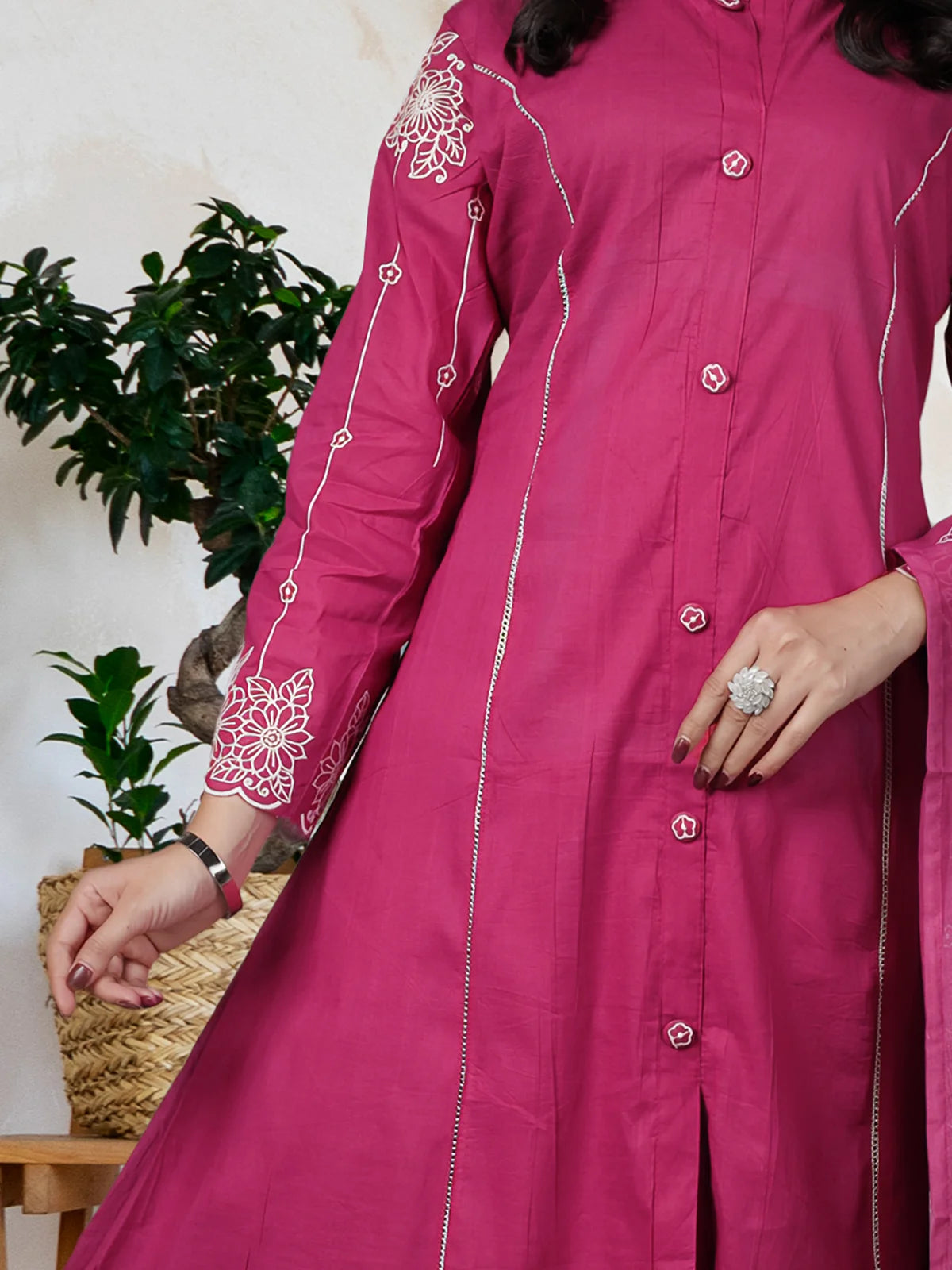 Rani Pink Embroidered Mul Cotton Kurta Set with Mul Cotton Dupatta | Full Sleeve Traditional Wear