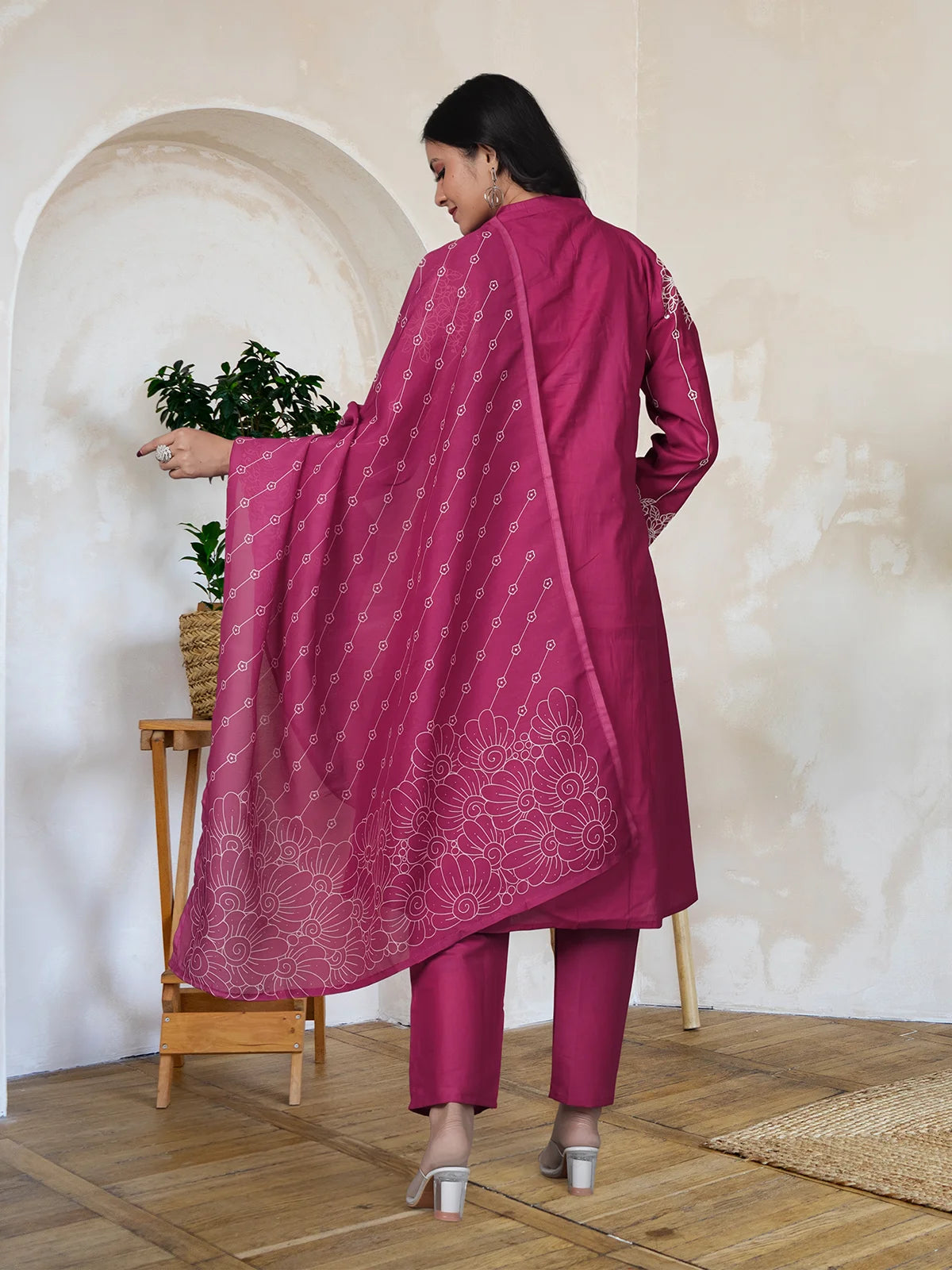 Rani Pink Embroidered Mul Cotton Kurta Set with Mul Cotton Dupatta | Full Sleeve Traditional Wear