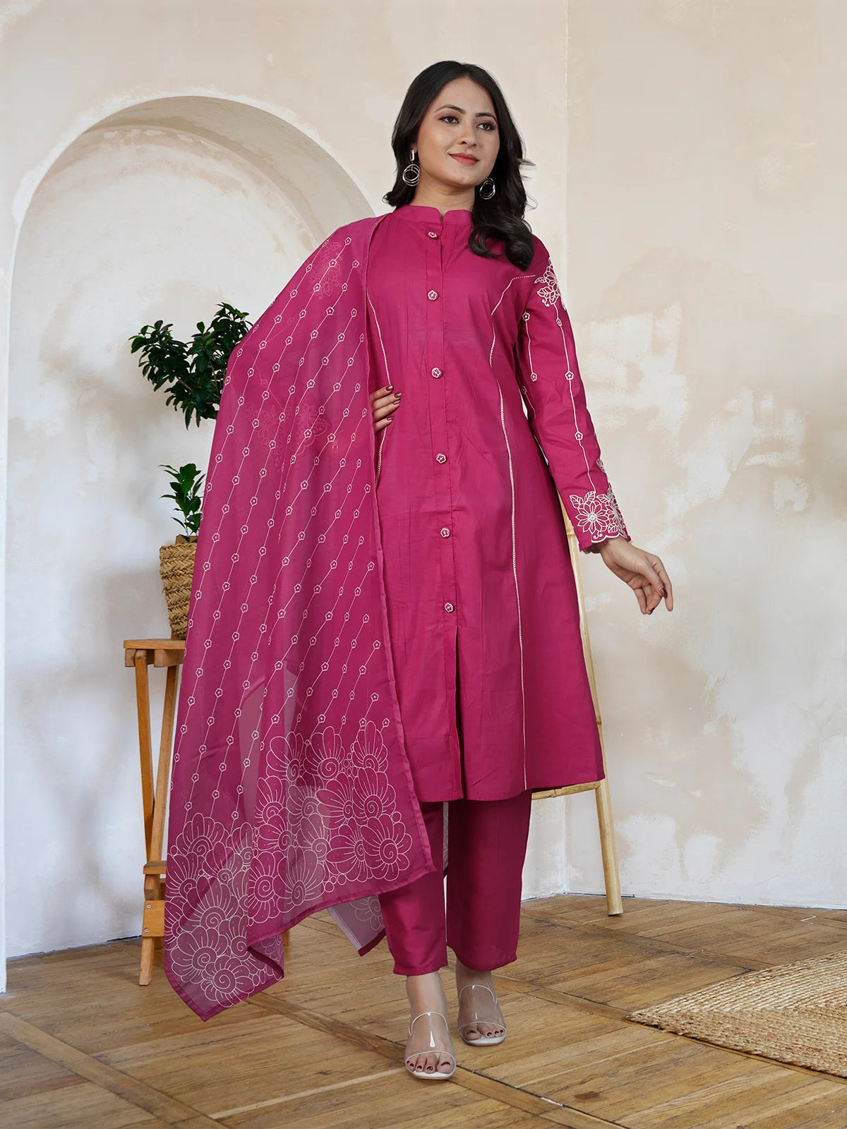 Rani Pink Embroidered Mul Cotton Kurta Set with Mul Cotton Dupatta | Full Sleeve Traditional Wear