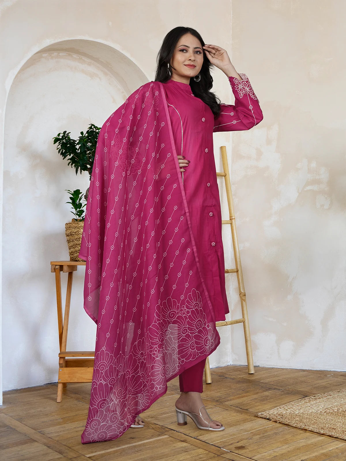 Rani Pink Embroidered Mul Cotton Kurta Set with Mul Cotton Dupatta | Full Sleeve Traditional Wear