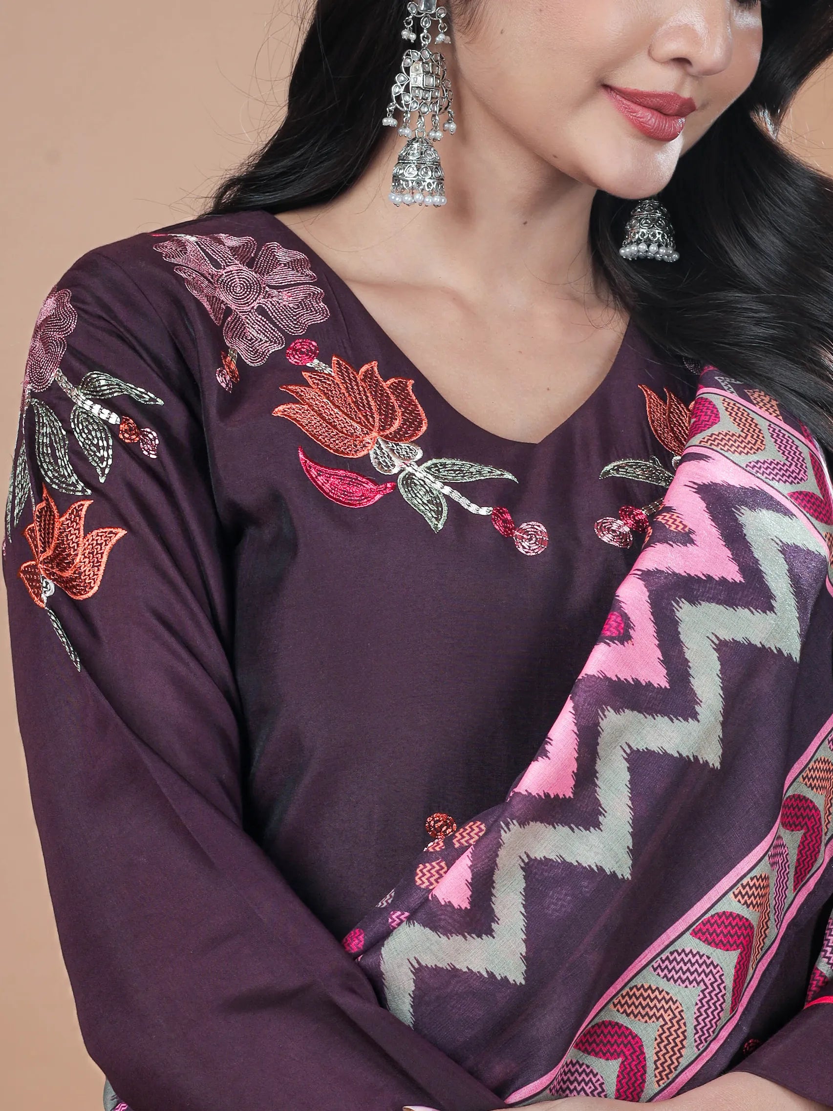 Wine Roman Silk Suit Set with Embroidery Work & Mul Cotton Dupatta | Full Sleeve Traditional Wear