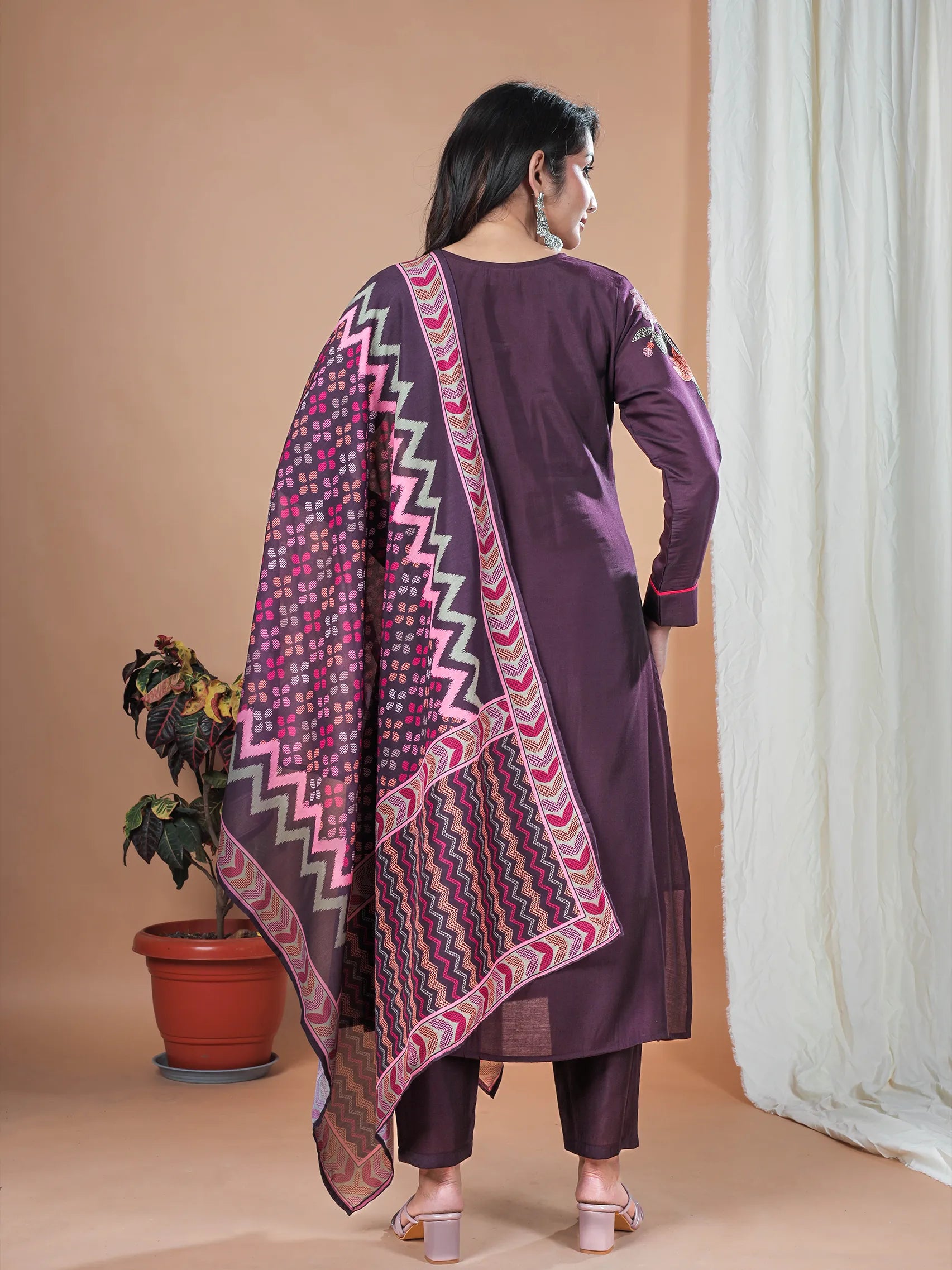 Wine Roman Silk Suit Set with Embroidery Work & Mul Cotton Dupatta | Full Sleeve Traditional Wear