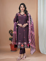 Wine Roman Silk Suit Set with Embroidery Work & Mul Cotton Dupatta | Full Sleeve Traditional Wear