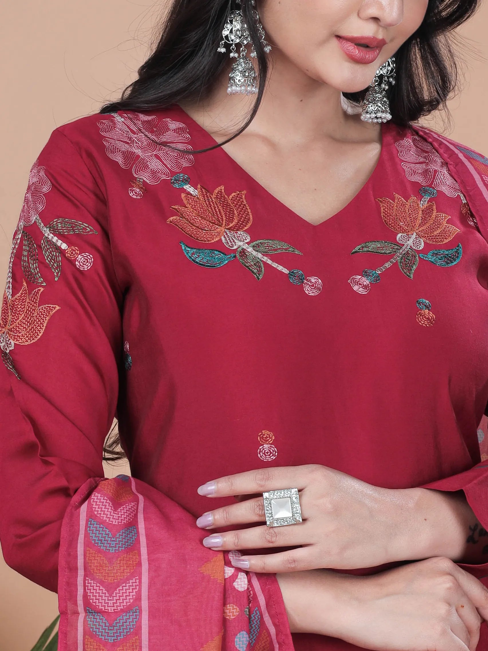 Red Roman Silk Suit Set with Embroidery Work with Mul Cotton Dupatta | Full Sleeve Traditional Wear