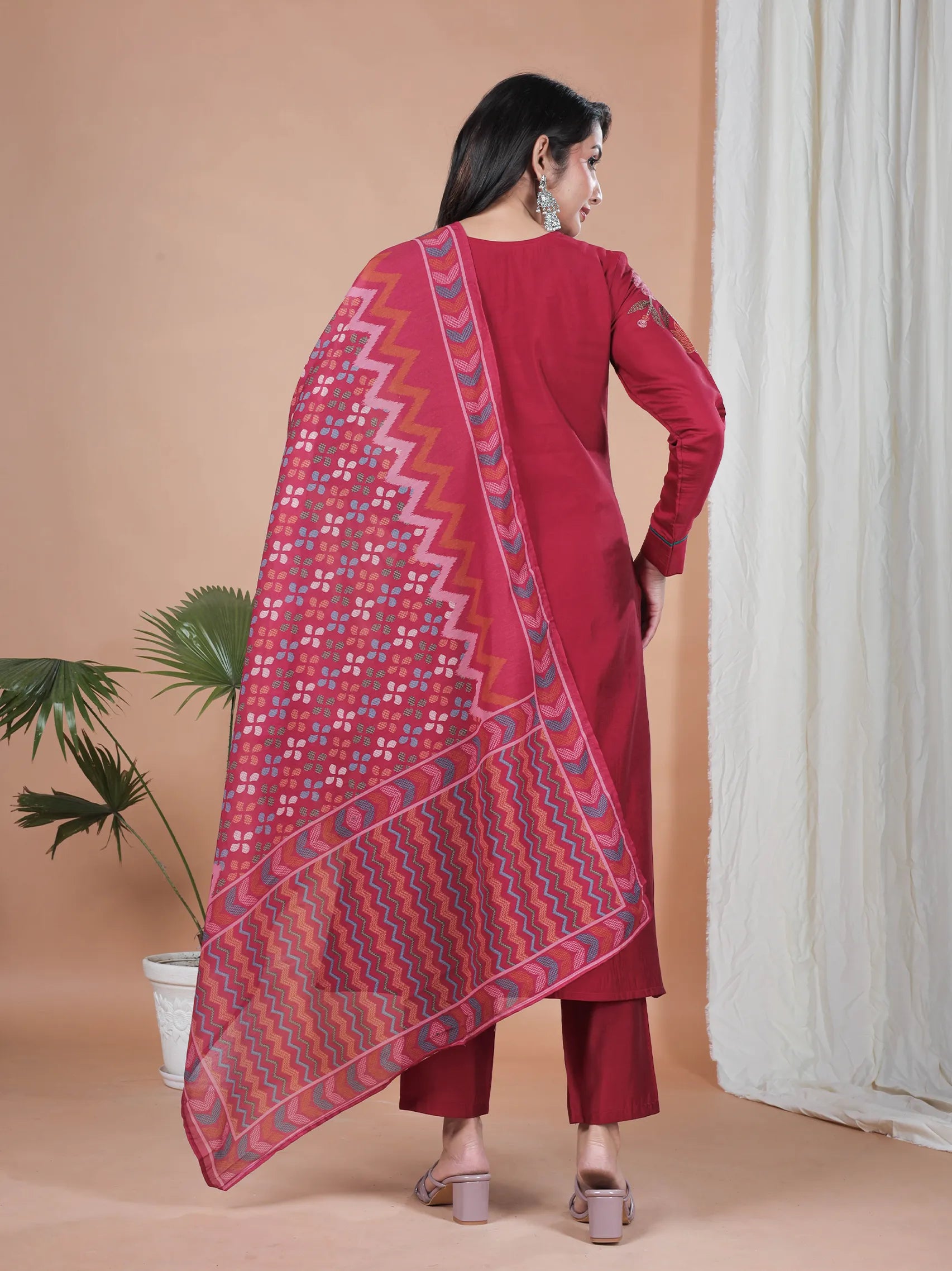 Red Roman Silk Suit Set with Embroidery Work with Mul Cotton Dupatta | Full Sleeve Traditional Wear