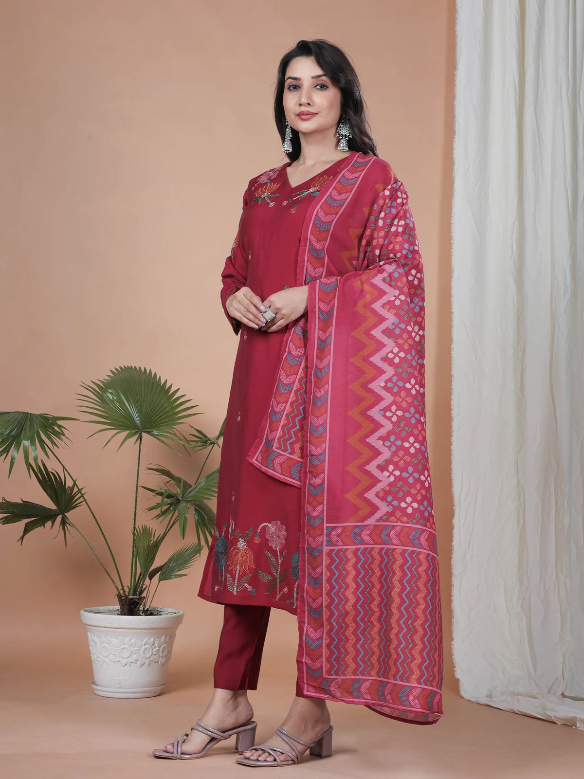 Red Roman Silk Suit Set with Embroidery Work with Mul Cotton Dupatta | Full Sleeve Traditional Wear