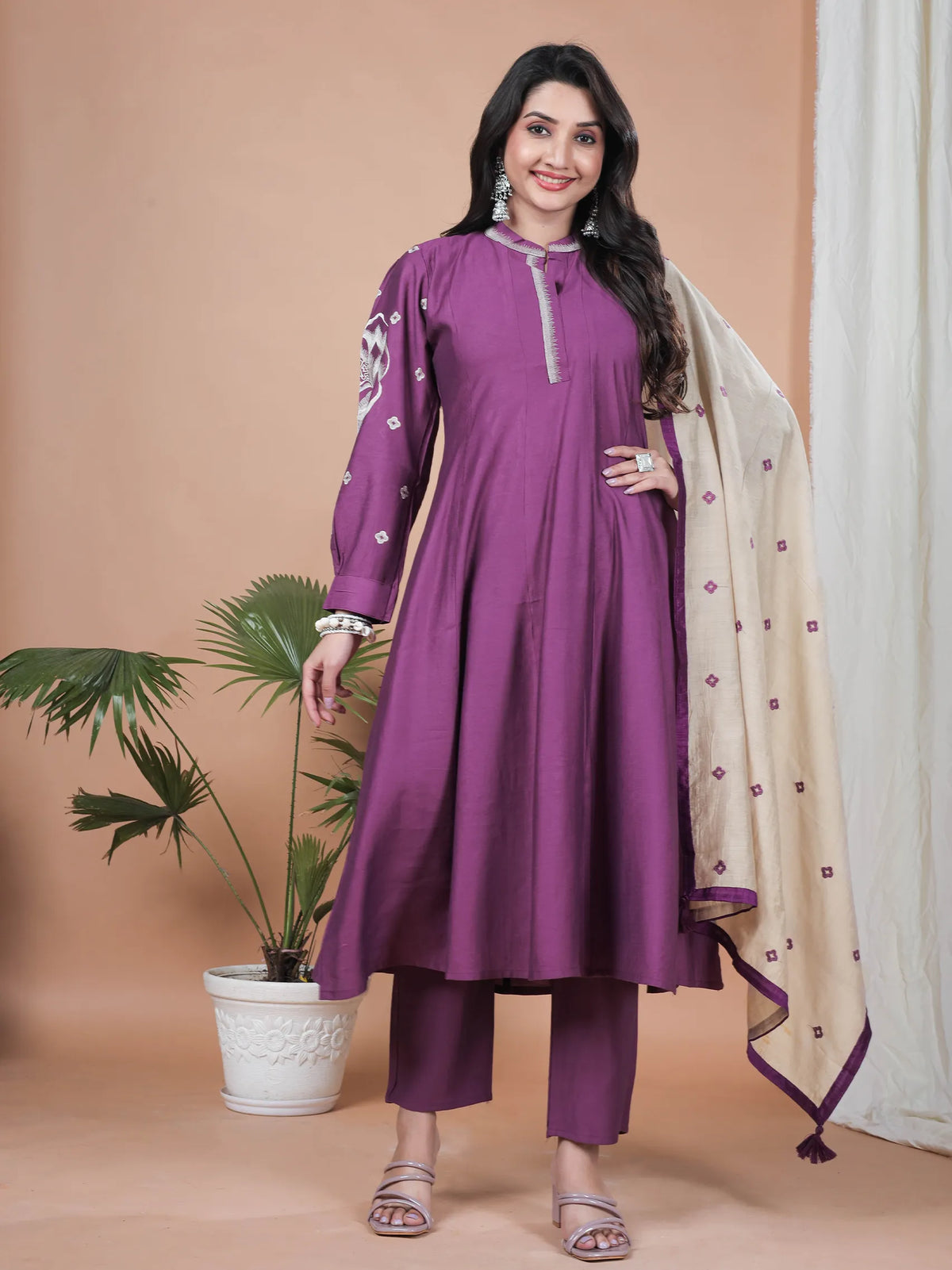Purple Gadwal Vatican Suit Set with Embroidery Work & Chanderi Dupatta | Full Sleeve Festival Wear