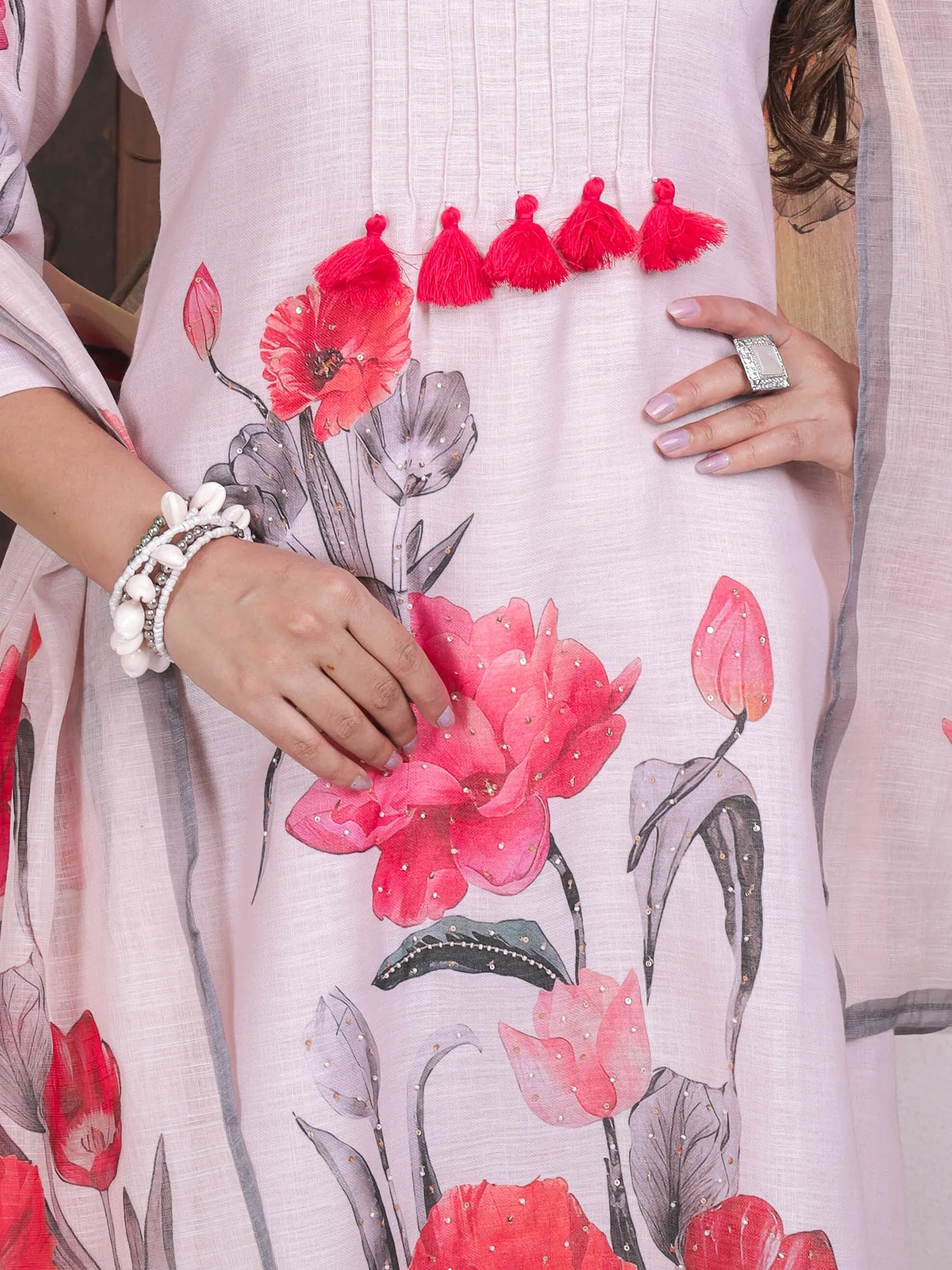 Cream Linen Lucia Suit Set with Digital Print & Handwork | Three Fourth Sleeve Festival Wear