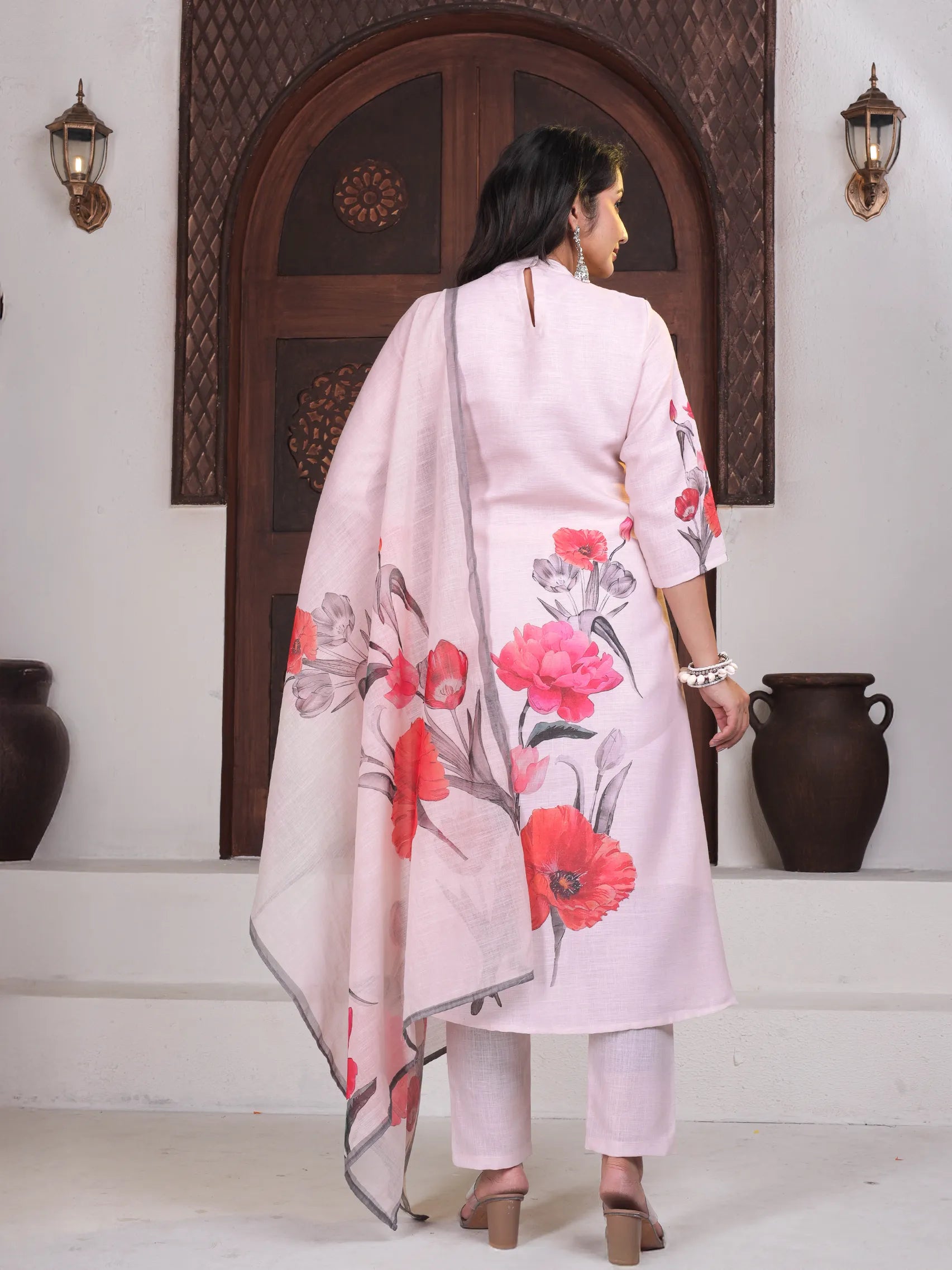 Cream Linen Lucia Suit Set with Digital Print & Handwork | Three Fourth Sleeve Festival Wear
