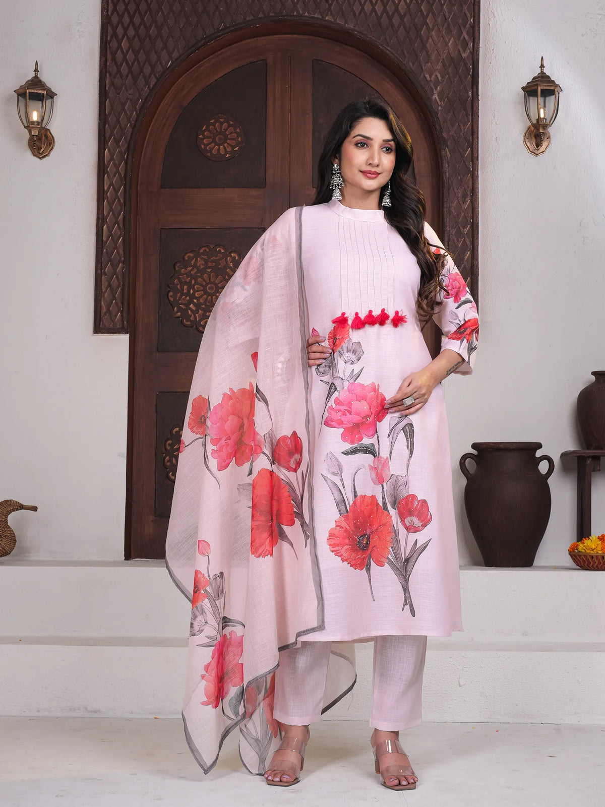 Cream Linen Lucia Suit Set with Digital Print & Handwork | Three Fourth Sleeve Festival Wear