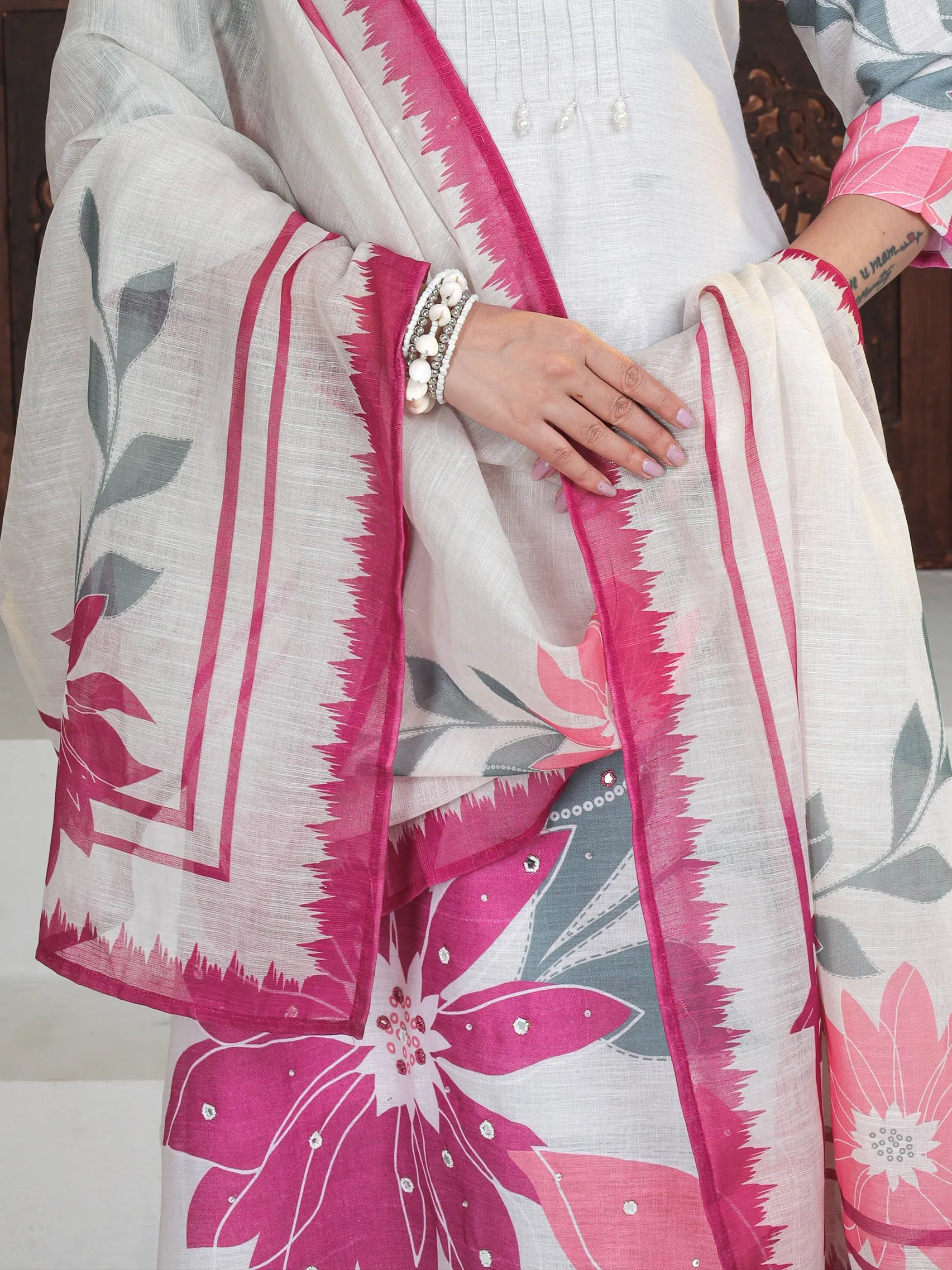 Beige Linen Lucia Suit Set with Digital Print & Handwork | Three Fourth Sleeve Festival Wear