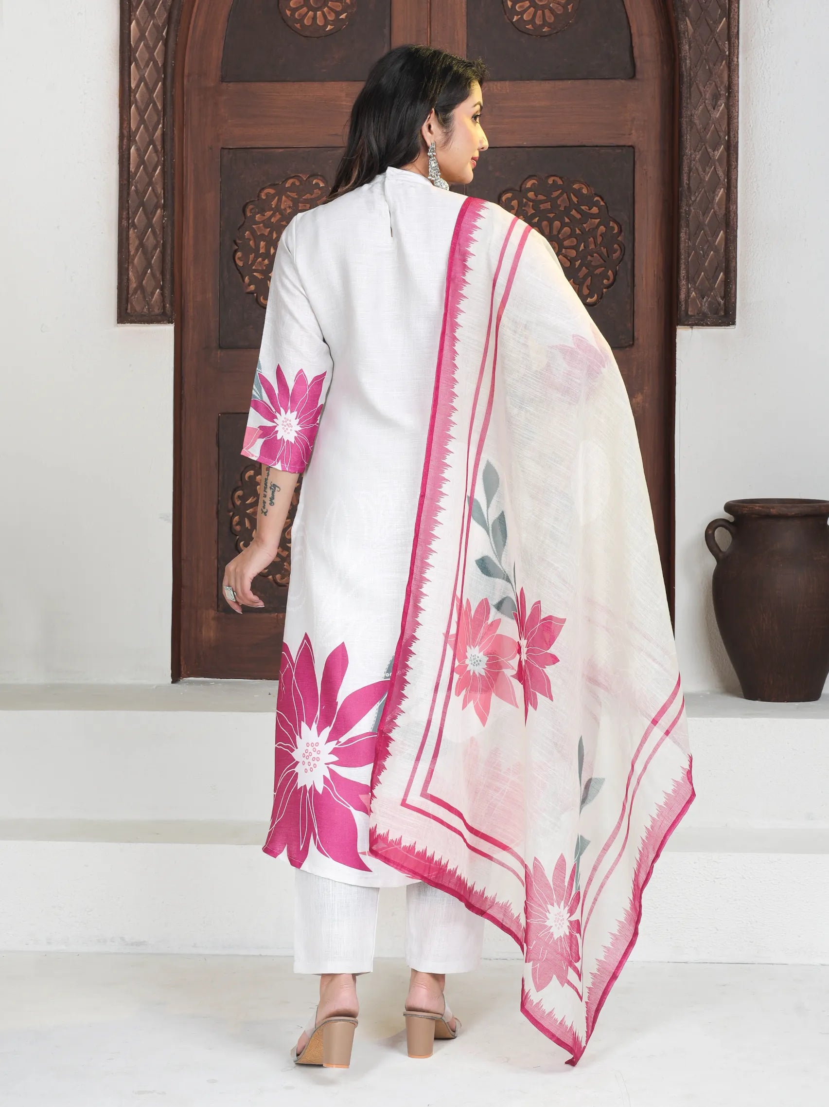 Beige Linen Lucia Suit Set with Digital Print & Handwork | Three Fourth Sleeve Festival Wear