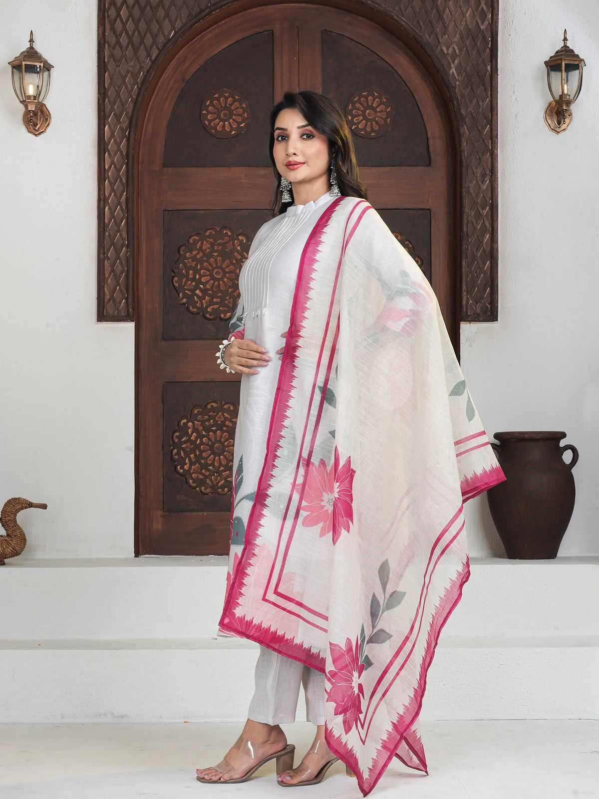 Beige Linen Lucia Suit Set with Digital Print & Handwork | Three Fourth Sleeve Festival Wear