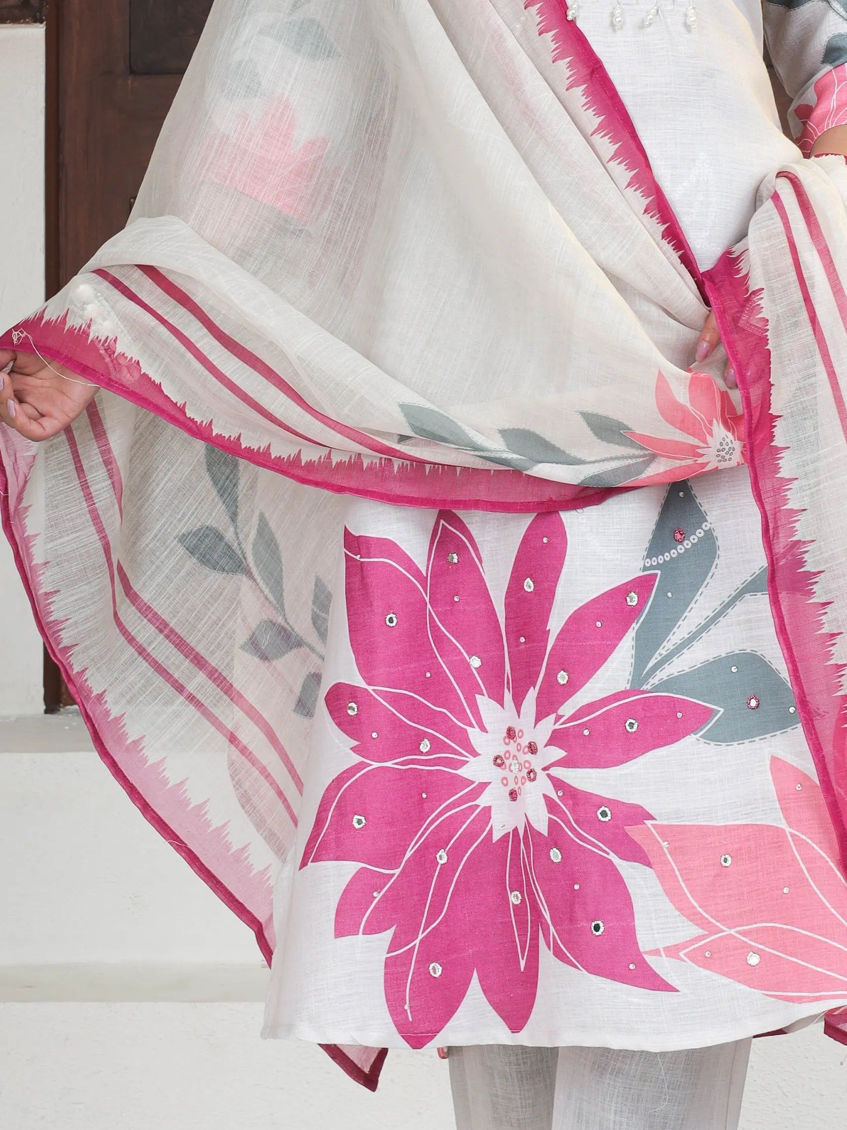 Beige Linen Lucia Suit Set with Digital Print & Handwork | Three Fourth Sleeve Festival Wear